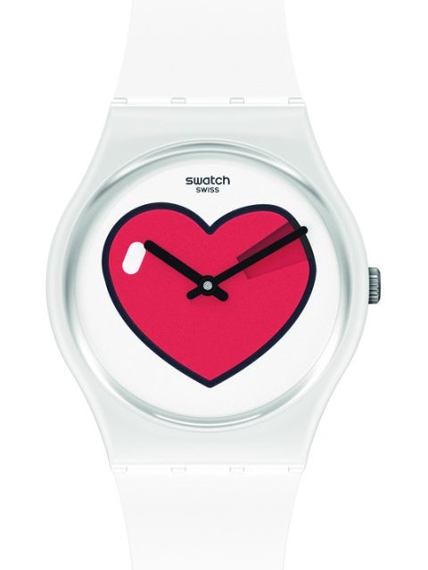 GW718_LOVE O'CLOCK_這款情人節系列手錶的獨特之處，是堅固的白色塑膠錶殼與白色矽膠錶帶。吸睛黑色指針與白色錶盤在3點鐘處開了日期小窗，呈現愛情的多元面貌。