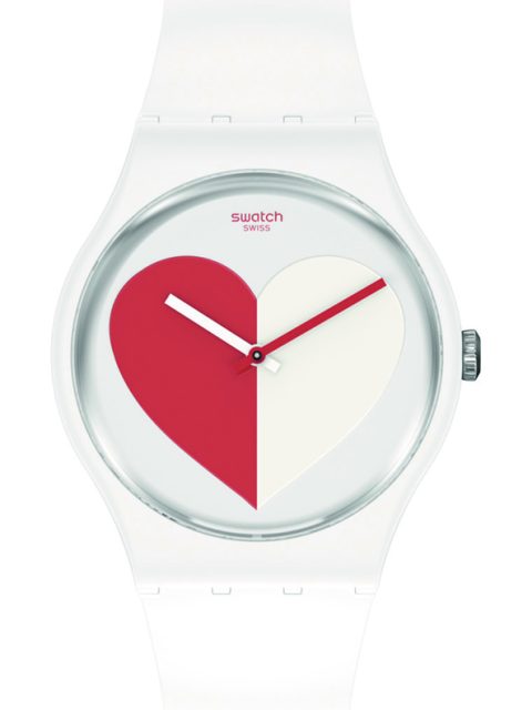 SO29Z113_HALF _3 RED這款情人節系列手錶的獨特之處，是堅固的白色生物來源物料製的錶殼與白色矽膠錶帶。白色錶盤、紅與白指針展現紅白相間的Swatch之心，在黑暗中白色將更加亮眼。