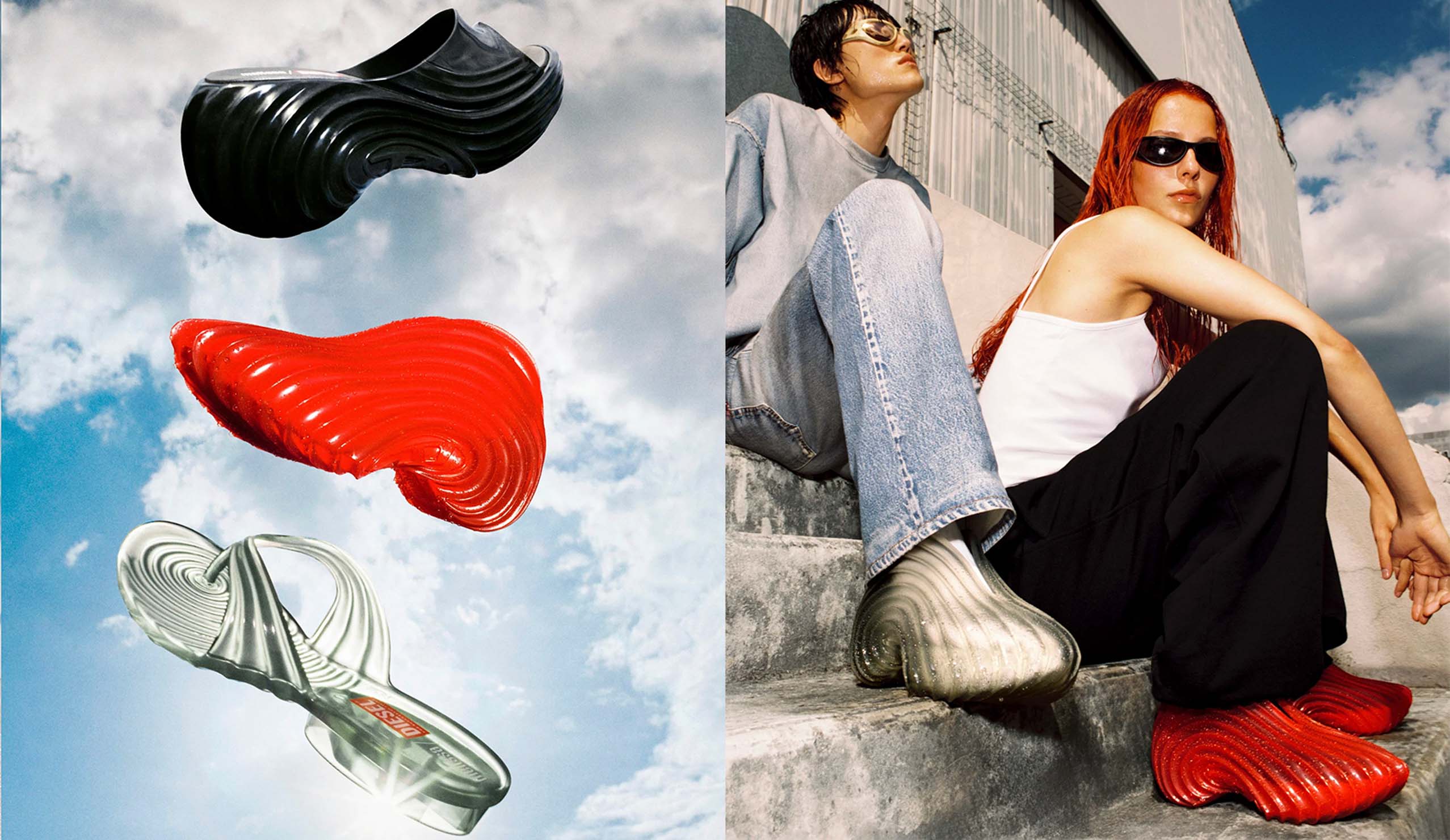 Diesel, Melissa, 聯名, Melflex®, 膠鞋, Quantum Slip-on sneaker, Sculptural flip-flops, Platform mule, 人字拖, 拖鞋